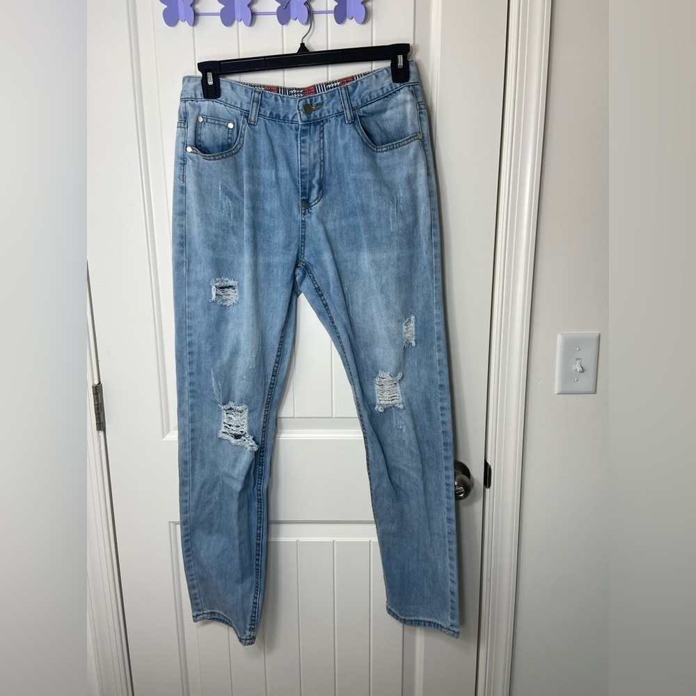 EUC men’s ripped light wash blue denim straight fit jeans pants cotton blend 34